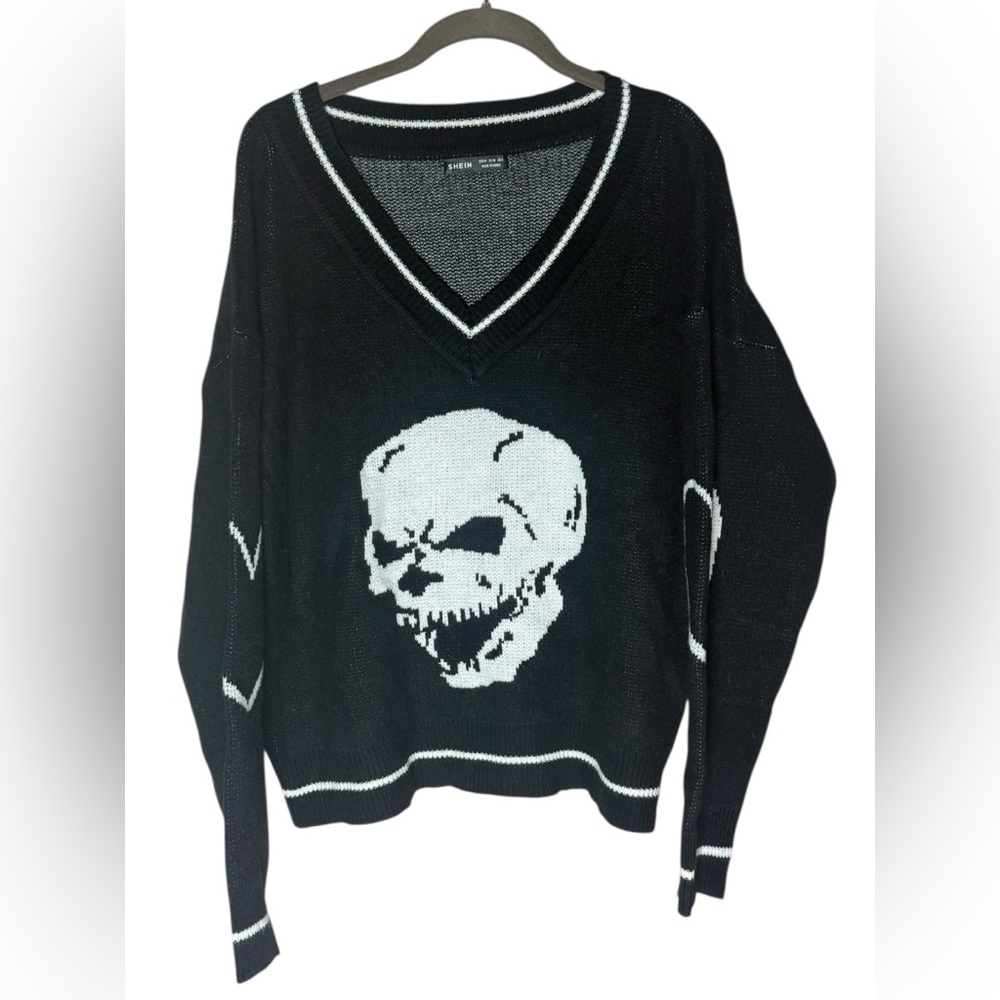 SHEIN Black Skull V-Neck Knit Sweater